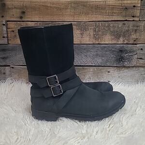 UGG Lorna Waterproof Black Leather Suede Shearling Buckle Mid Boots Women's SZ 9